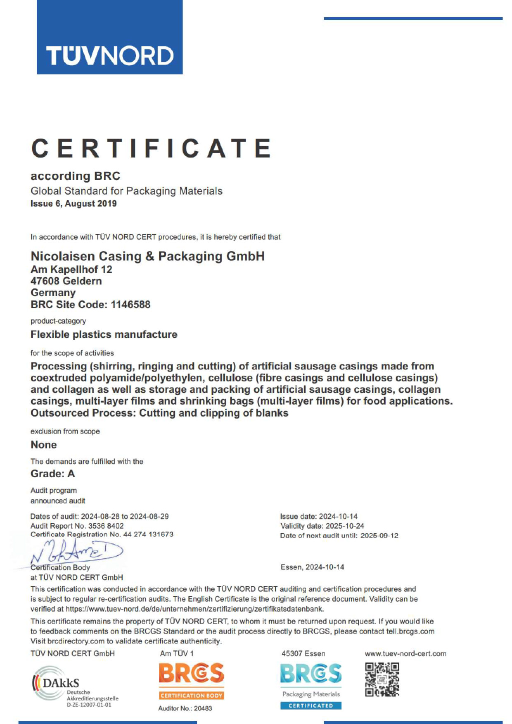 Nicolaisen Casing BRC Packaging 2024 Zertifikat